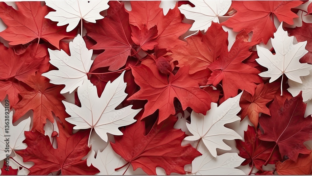 A seamless pattern featuring an arrangement of various red maple leaves scattered against a white background A seamless pattern featuring an arrangement of various red maple leaves scattered against a white background