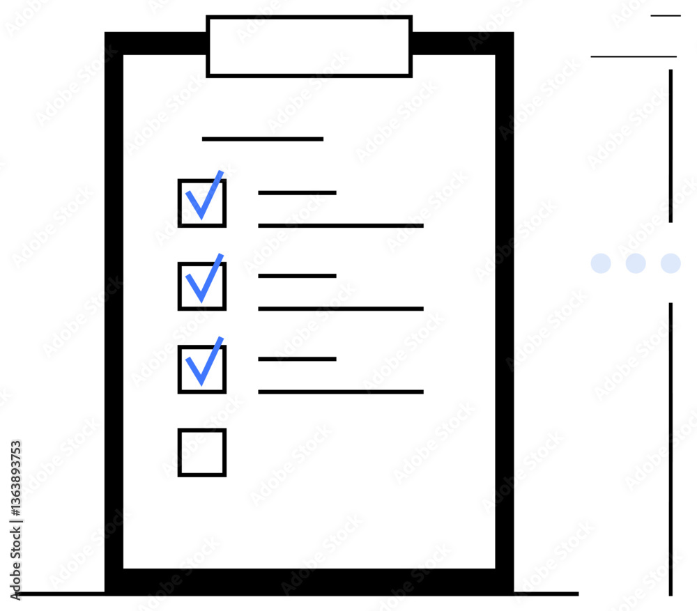 Clipboard with a task checklist, featuring three blue checkmarks and one empty box. Ideal for productivity, organization, planning, progress tracking, project management, to-do lists workflow. Flat Clipboard with a task checklist, featuring three blue checkmarks and one empty box. Ideal for productivity, organization, planning, progress tracking, project management, to-do lists workflow. Flat