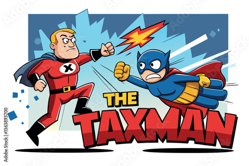 Comic Book Style Illustration of Superhero Bat Fighting Villain with Bold Colors and Action Tax Day Background