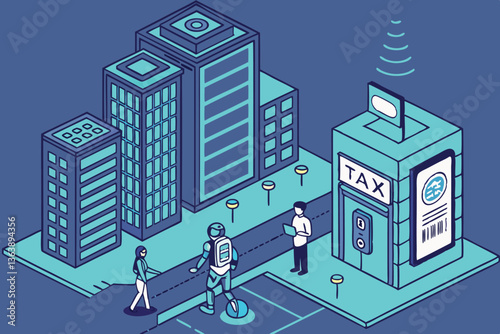 Futuristic cityscape with robotic tax filing kiosks and individuals walking, highlighting a digital tax day with advanced technology and automation.