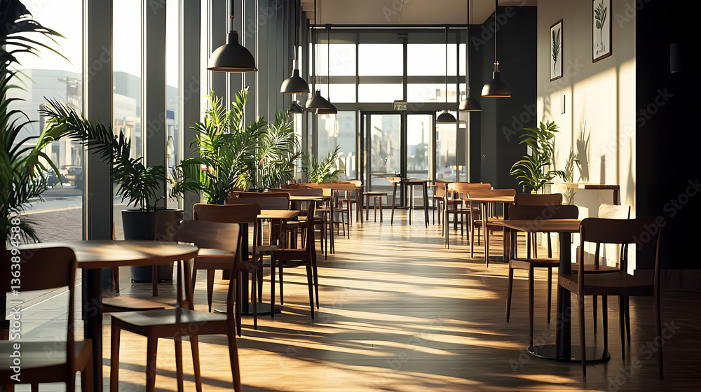 Obraz premium Empty Cafe Interior With Wooden Tables And Chairs Under Bright Sunlight With Green Plants And Building View