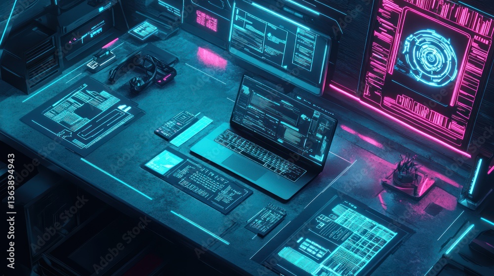 Fototapeta premium Futuristic workstation with glowing displays and tech gadgets