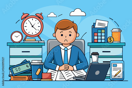 Businessman in office full of files, clocks, calculators, and financial tools, expressing stress and urgency on tax day background.