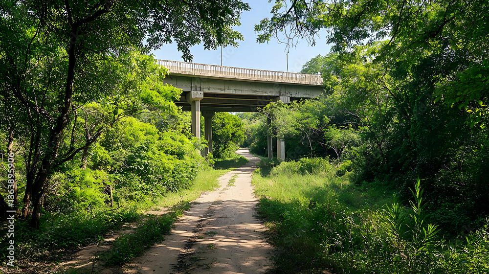 Concrete Bridge Over A Dirt Road Framed By Lush Green Trees Under A Bright Blue Sky Concrete Bridge Over A Dirt Road Framed By Lush Green Trees Under A Bright Blue Sky