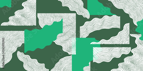 Crafted hand drawn brush lines abstract wave and water composition pattern, Japanese and tribal nature inspired wood carving, block print texture background in green for carpet, textile