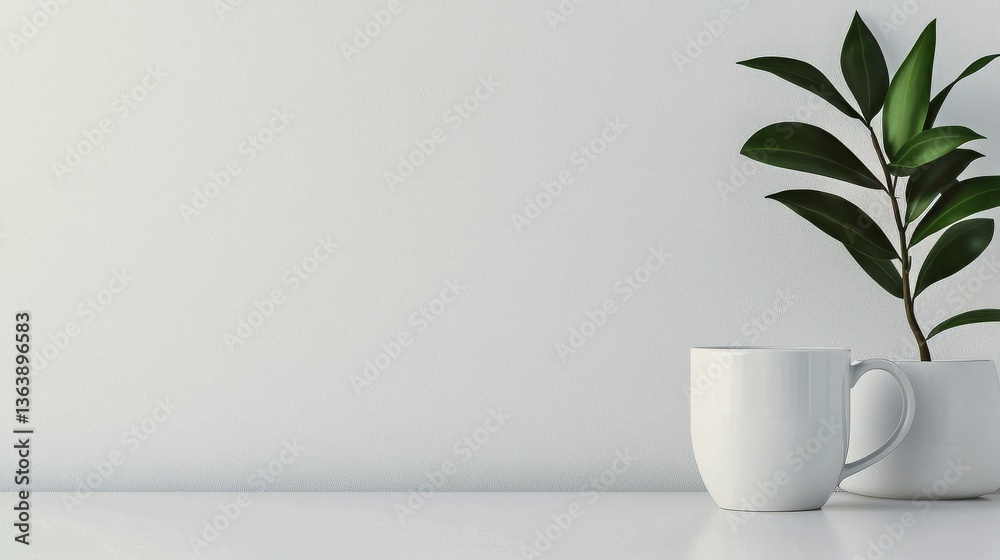 Obraz premium A minimalist white mug beside a small potted plant evokes calm and tranquility.