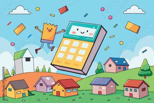 giant tax calculator soaring above houses, with confetti flying in the air, capturing the lively and fun side of tax day.
