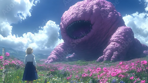 A young girl gazes upon a giant purple monster in a field