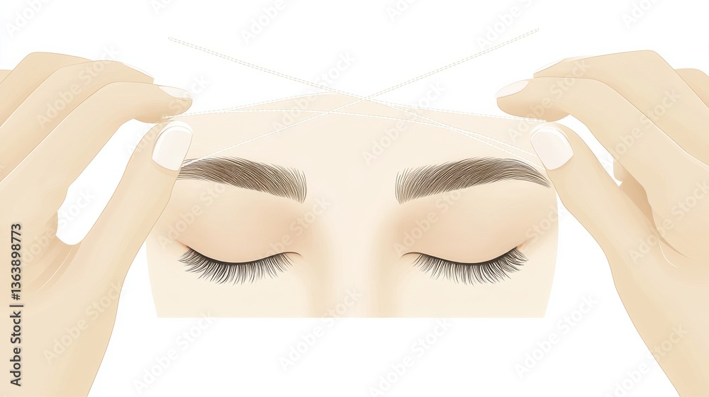 Fototapeta premium Eyebrow Threading Process with Hands Holding Thread on Skin