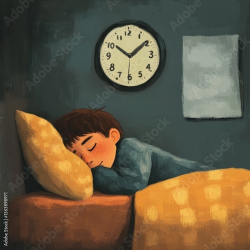 boy sleeping soundly under a cozy blanket, clock above his head


