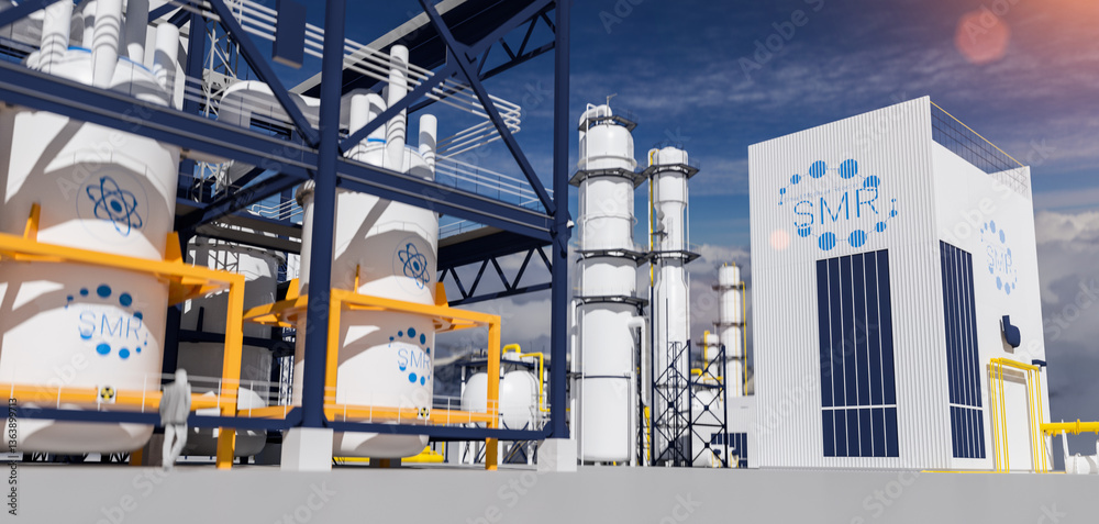 concept of a SMR small modular nuclear reactor power plant on a sunny day. SMR is a future energy concept. 3d rendering.