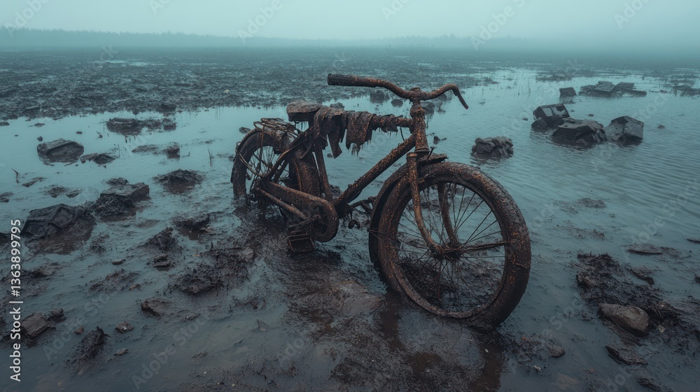 Fototapeta premium Rusty Bicycle in a Flooded Field: A Post-Apocalyptic Scene