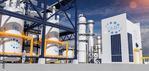 Obraz na płótnie concept of a SMR small modular nuclear reactor power plant on a sunny day. SMR is a future energy concept. 3d rendering. w salonie