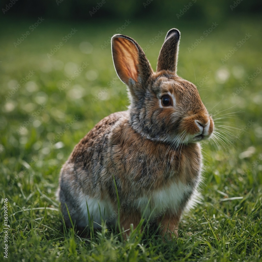 Fototapeta premium Rabbit Eating Grass Under a Clear Blue Sky