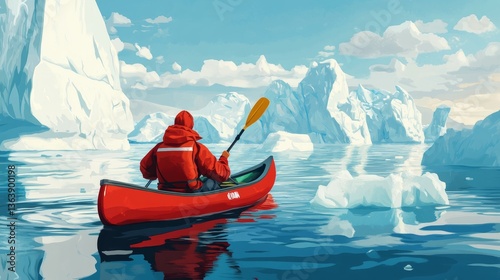 illustration of high angle of traveling anonymous person in outerwear and with paddles floating in canoe along calm sea with icebergs in Greenland against blue sky in daylight - ai