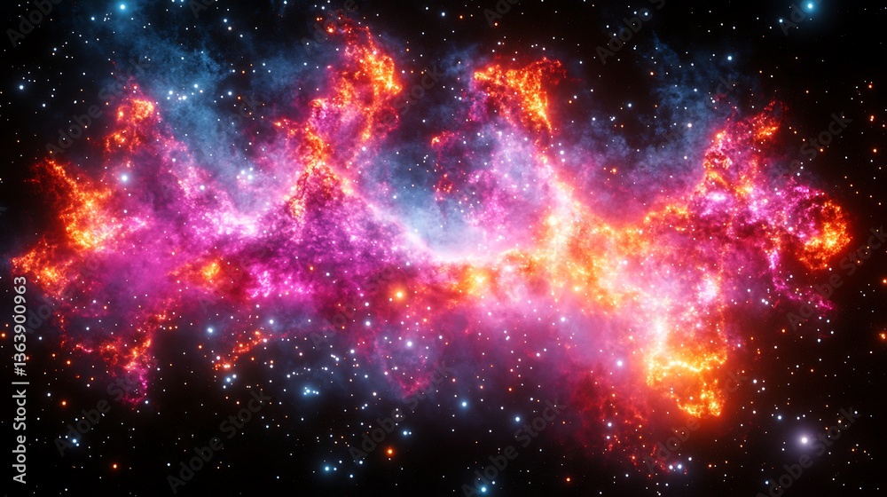 Fiery nebula with vibrant pink, orange, and blue hues in space. Fiery nebula with vibrant pink, orange, and blue hues in space.