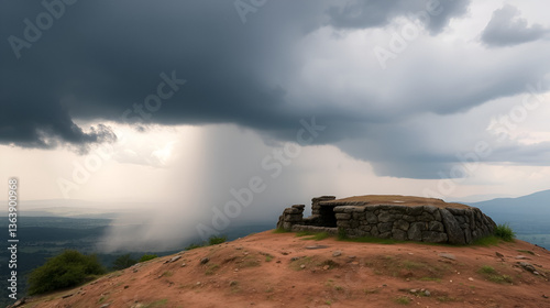Great Zimbabwe mountain top enclosure with a hut.  Storm clouds gathering.