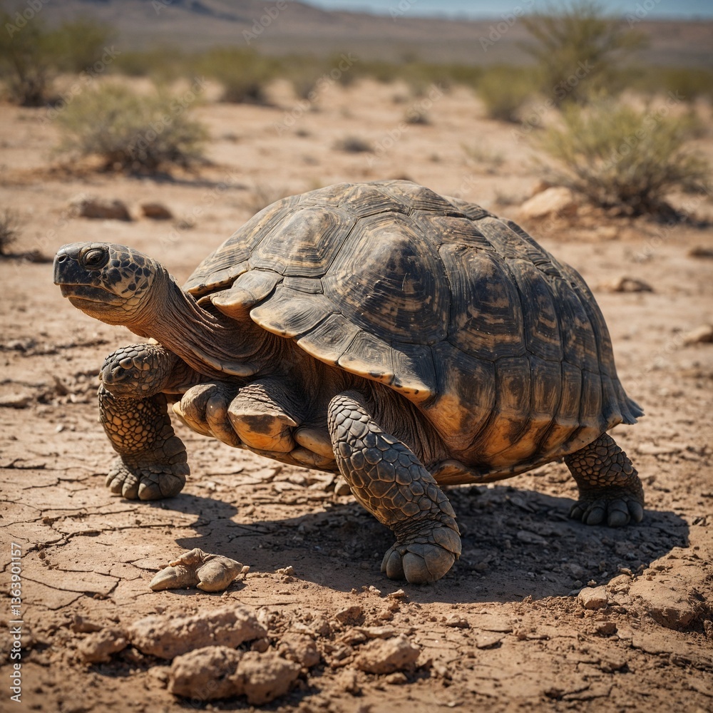 Fototapeta premium Tortoise Moving Across a Desert Landscape