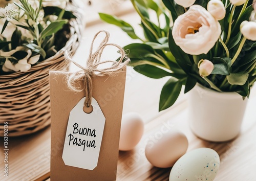 Easter Gift Brown Kraft Paper Envelope with Buona Pasqua Tag Flowers and Eggs