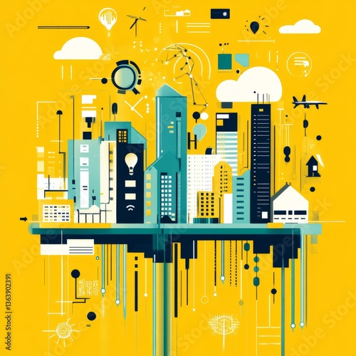 modern business scene with technology, innovation, and buildings on a yellow background

