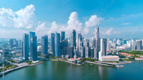 Aerial View of Modern City Skyline with Blue Buildings Green Trees and River Under Bright Sunlight