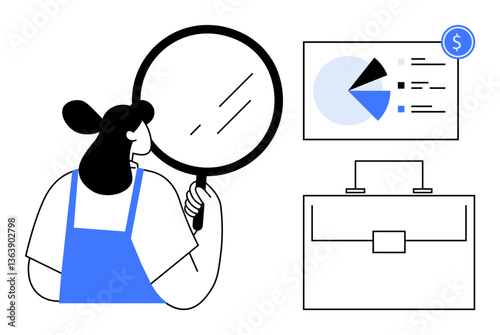 Woman using a magnifying glass examines a financial graph with pie charts and analytics. Ideal for analysis, research, business strategy, problem-solving, finance, productivity, data. Flat simple