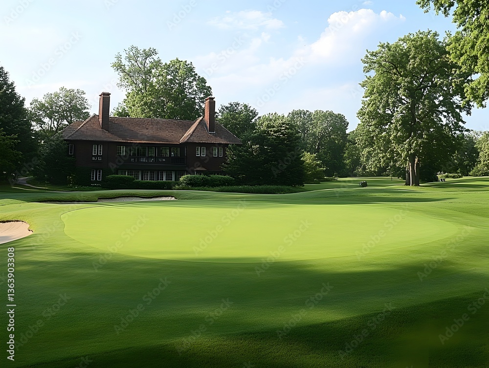 Fototapeta premium A picturesque country club golf course boasts a stunning view of a classic brick clubhouse on a sunny day.