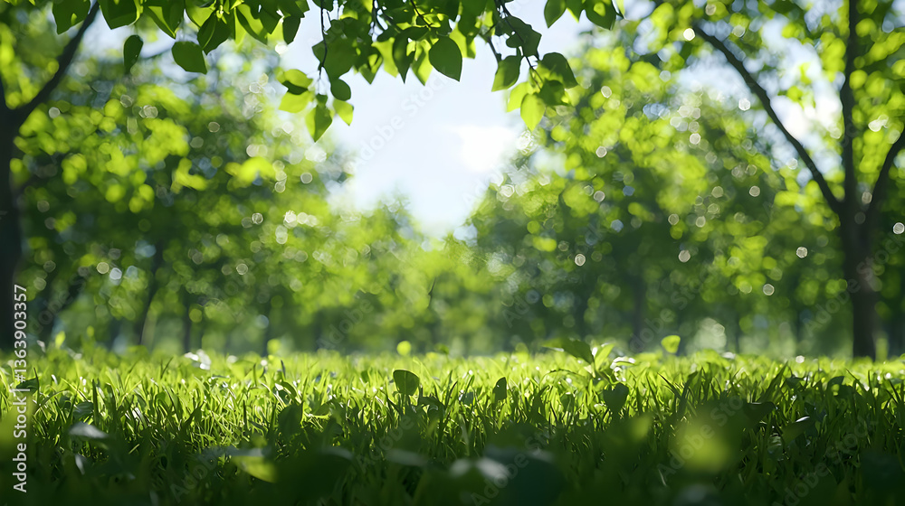 Green Lush Forest Scene With Sunlight Through Tree Foliage And Fresh Grass Field In Daytime