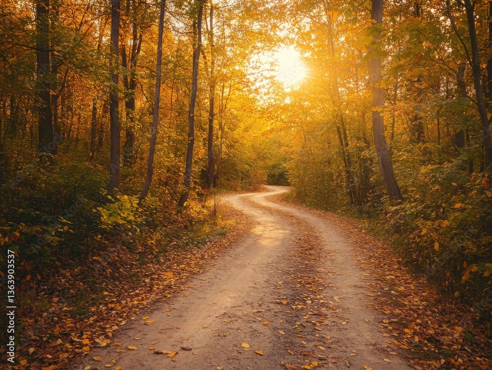 Obraz premium Winding path through autumn forest with forced perspective and golden hour lighting and copy space above