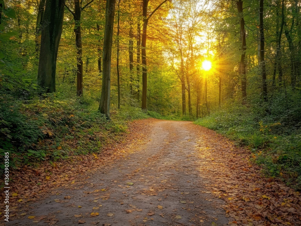 Fototapeta premium Winding path through autumn forest with forced perspective and golden hour lighting and copy space above