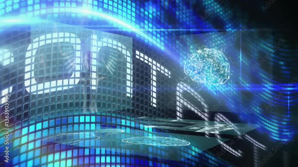 Futuristic digital brain and data processing animation over blue grid background Futuristic digital brain and data processing animation over blue grid background