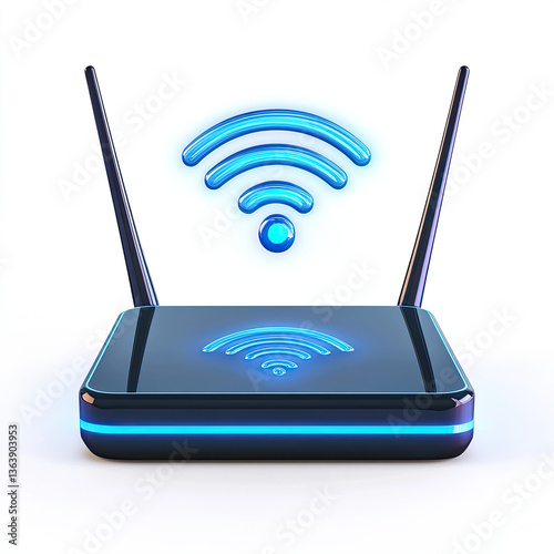 A futuristic glowing wifi router broadcasting a strong signal, promising seamless connectivity and endless possibilities with vibrant blue neon accents.