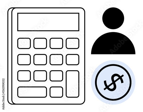 Calculator, user icon, and dollar symbol conveying account management, business finance, budgeting. Ideal for financial planning, accounting, online tools, savings investment education flat simple