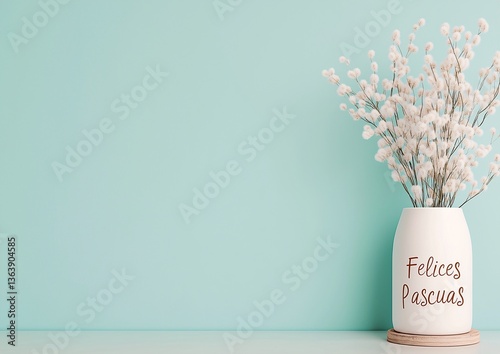 Pastel Spring Background White Vase with Dried Flowers Felices Pascuas Text Felices Pascuas