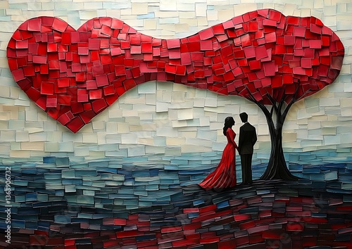 Obraz na płótnie Couple Under Red Heart Tree, Beach Scene w salonie