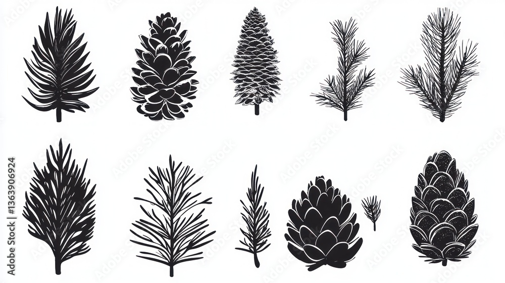 Fototapeta premium Evergreen silhouettes pine cones, branches, and trees; winter holiday design elements