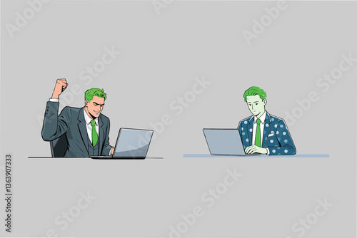 Two men with laptops, one celebrating, one working, isolated on background. 