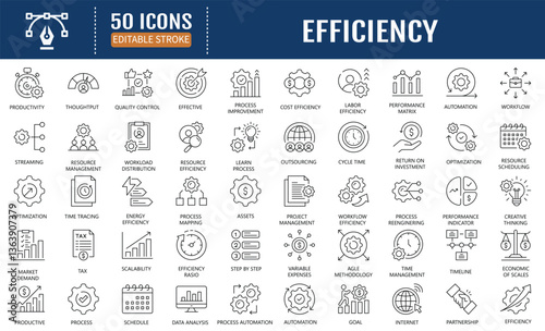 Efficiency line editable icon set. Containing productivity, optimization, effectiveness, streamlining, time management and more. Vector Illustration