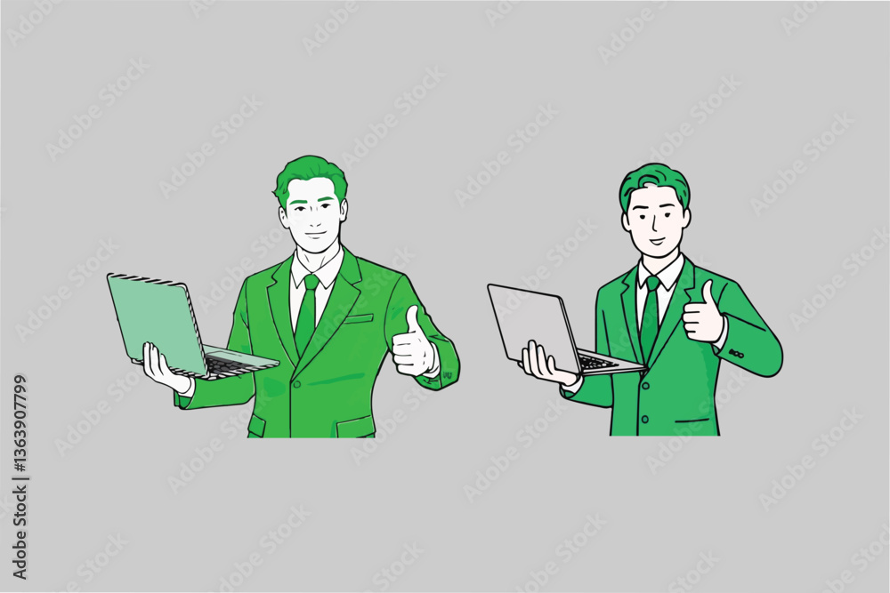 Two men with laptops giving thumbs up, isolated on plain background. Two men with laptops giving thumbs up, isolated on plain background.