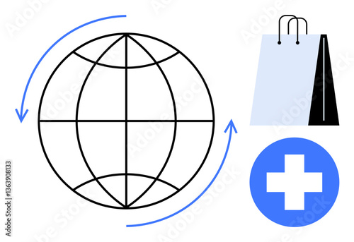Globe with arrows, shopping bag, and medical cross representing international trade, commerce, and healthcare. Ideal for e-commerce, sustainability, globalization, healthcare logistics economy