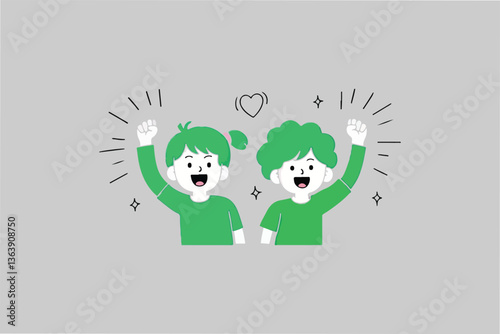 Two people cheering with raised fists, isolated on plain background. 