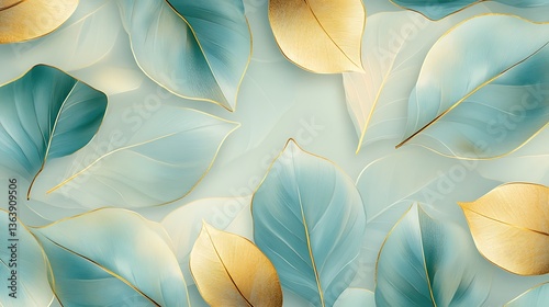 Elegant Gold and Teal Leaves Background, Elegant background with gold and teal leaves on a soft gradient backdrop