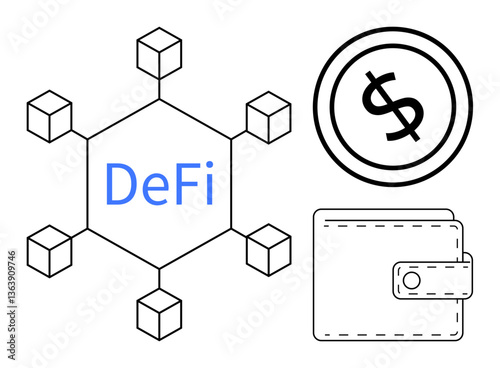 Blockchain nodes connected in network around DeFi text, digital wallet, and dollar symbol. Ideal for finance, cryptocurrency, blockchain, economy, fintech investment e-commerce. Flat simple