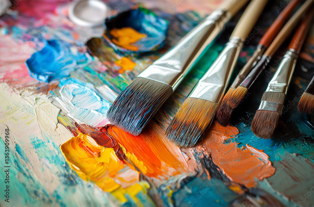 Fototapeta premium Close-up of an artist's palette with paintbrushes, highlighting rich oil paint textures
