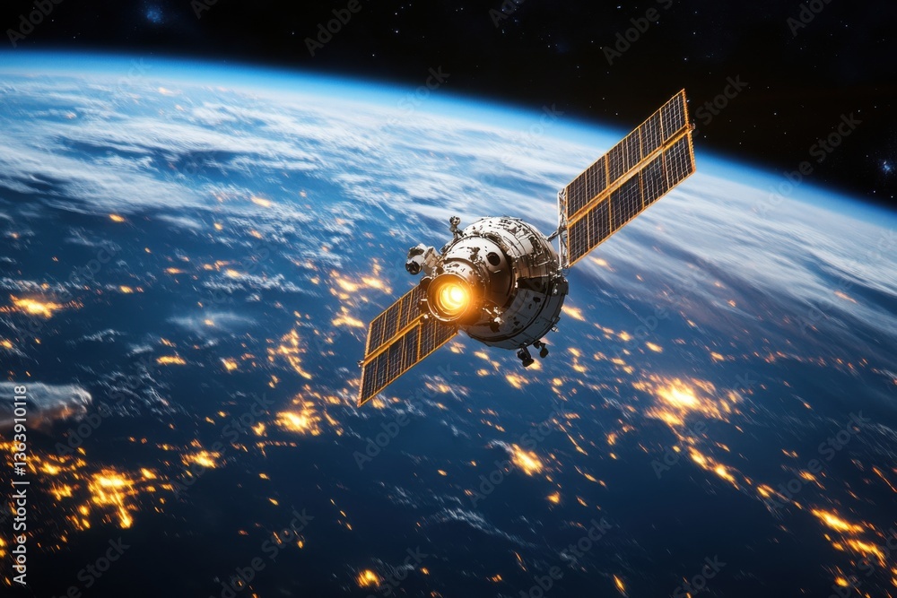 Naklejka premium Satellite in orbit with space lighting and space for text below