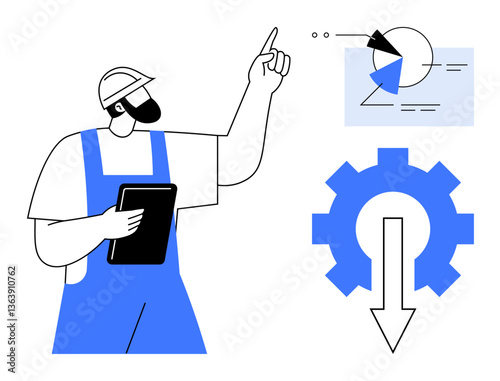 Construction worker pointing at pie chart and holding a clipboard next to gear and arrow. Ideal for industrial processes, workflow, manufacturing, productivity, analysis, planning, optimization. Flat
