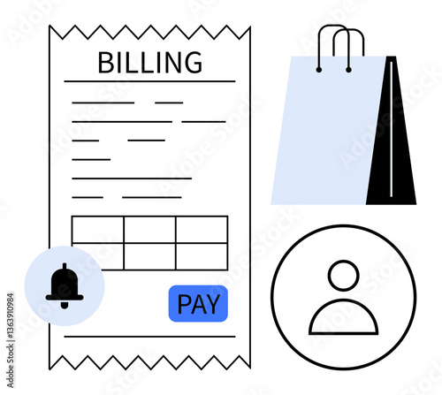 Billing receipt with Pay button, shopping bag, notification bell, and profile icon representing online shopping, payment management, and customer personalization. Ideal for e-commerce, billing