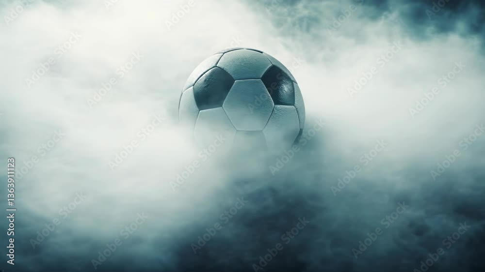 Floating soccer ball surrounded by mist and smoke, ideal for sports promotions, team intros, and athletic branding
