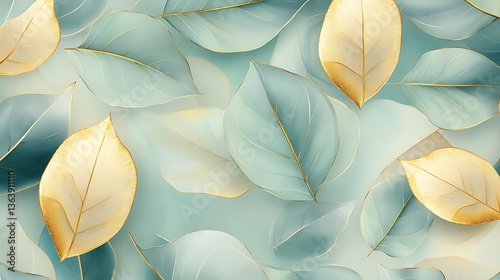 Elegant Gold and Teal Leaves Background, Elegant background with gold and teal leaves on a soft gradient backdrop