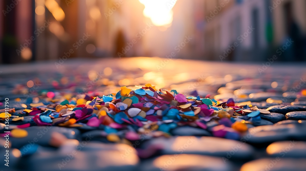 Colorful confetti lies scattered on a cobblestone street in sunlight Colorful confetti lies scattered on a cobblestone street in sunlight